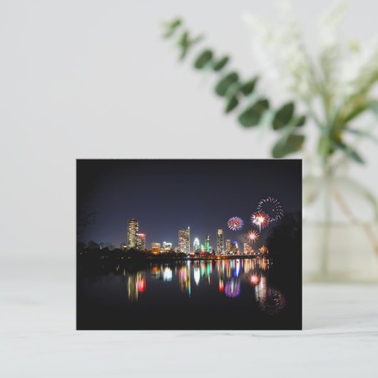 Downtown Austin Texas Night Skyline Fireworks Briefkaart (Staand voorkant)