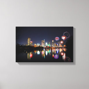Downtown Austin Texas Night Skyline Fireworks Canvas Afdruk