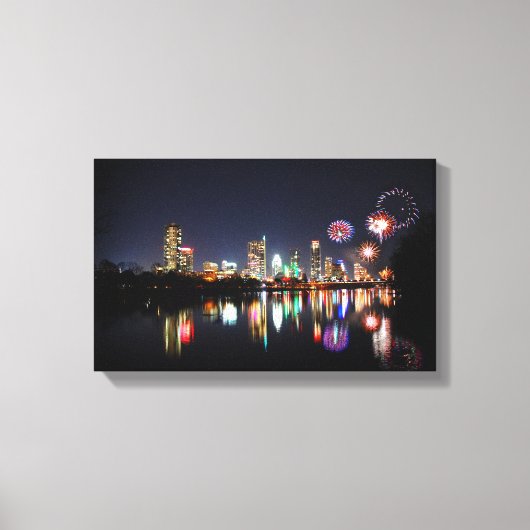 Downtown Austin Texas Night Skyline Fireworks Canvas Afdruk (Voorkant)