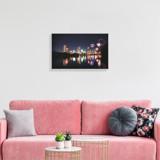 Downtown Austin Texas Night Skyline Fireworks Canvas Afdruk (Insitu (Woonkamer))