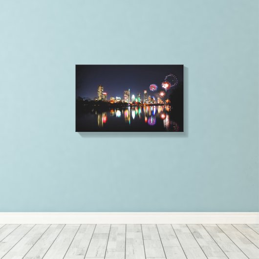 Downtown Austin Texas Night Skyline Fireworks Canvas Afdruk (Insitu (Houten vloer))