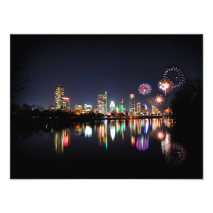 Downtown Austin Texas Night Skyline Fireworks Foto Afdruk