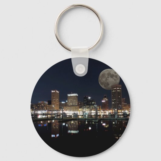 Downtown Baltimore Maryland Night Skyline Moon Sleutelhanger (Voorkant)