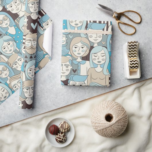 Downtown Crowd Faces Blue/Beige ID494 Cadeaupapier (Crafts)