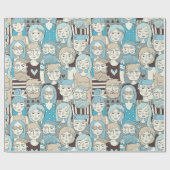 Downtown Crowd Faces Blue/Beige ID494 Cadeaupapier (Vlak)