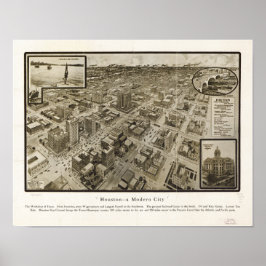 Downtown Houston Texas 1912 Antiek Panoramic Map Poster