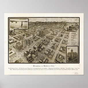 Downtown Houston Texas 1912 Antiek Panoramic Map Poster
