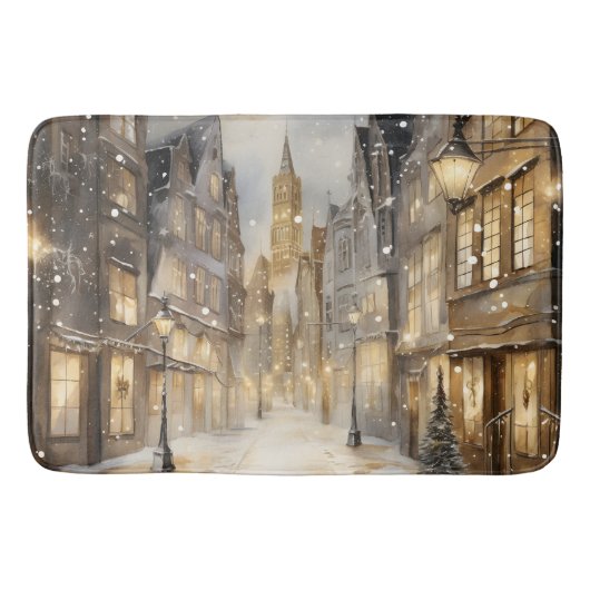 Downtown Night Winter Sneeuwval Gold Zwart Badmat (Voorkant)