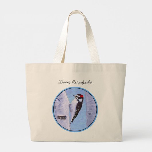 Downy Woodpecker Aspen Schilderen Originele Vogelk Grote Tote Bag (Achterkant)