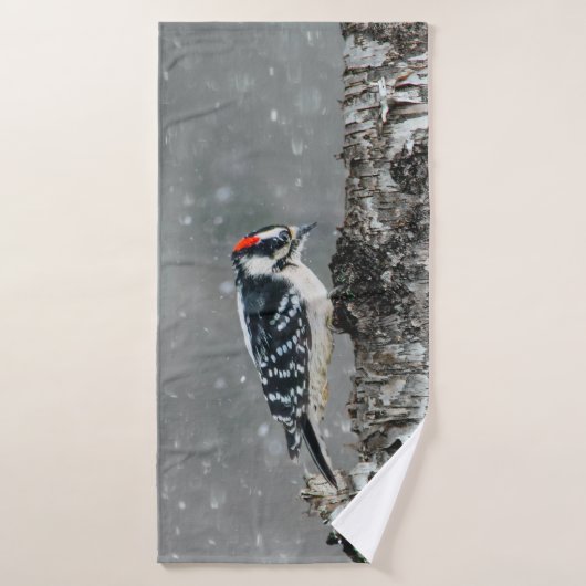 Downy Woodpecker in sneeuw - Originele foto Bad Handdoek (Badhanddoek)