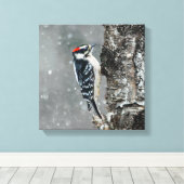 Downy Woodpecker in sneeuw - Originele foto Canvas Afdruk (Insitu (Houten vloer))