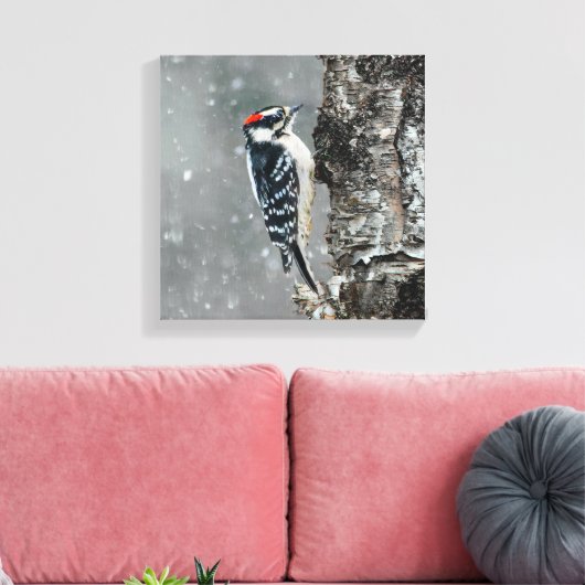 Downy Woodpecker in sneeuw - Originele foto Canvas Afdruk (Insitu (Woonkamer))