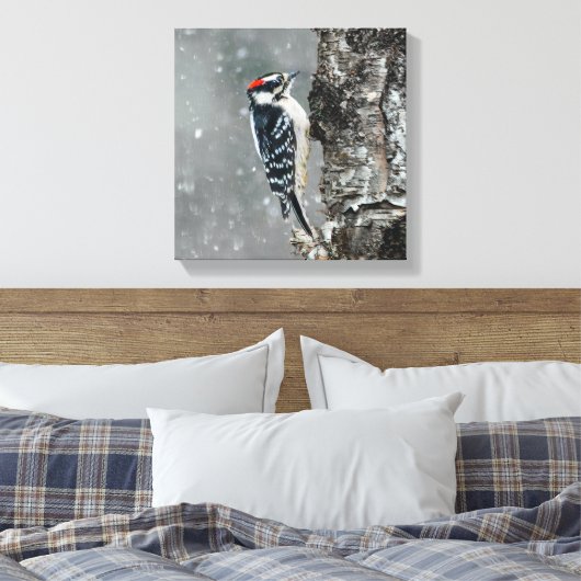 Downy Woodpecker in sneeuw - Originele foto Canvas Afdruk (Insitu (Slaapkamer))