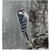 Downy Woodpecker in sneeuw - Originele foto Douchegordijn (Voorkant)