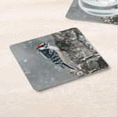 Downy Woodpecker in sneeuw - Originele foto Kartonnen Onderzetters (Schuin)