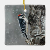 Downy Woodpecker in sneeuw - Originele foto Keramisch Ornament (Voorkant)
