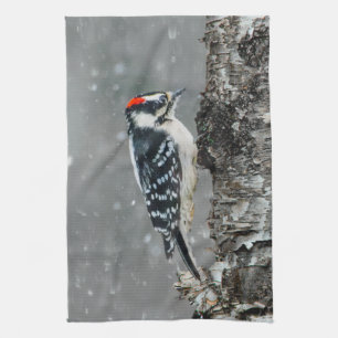 Downy Woodpecker in sneeuw - Originele foto Theedoek