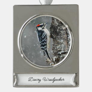 Downy Woodpecker in sneeuw - Originele foto Verzilverd Banner Ornament