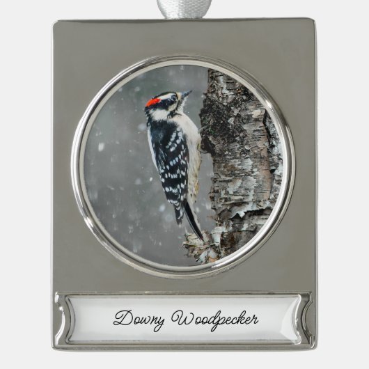 Downy Woodpecker in sneeuw - Originele foto Verzilverd Banner Ornament (Voorkant)