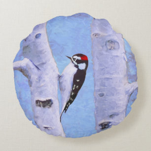 Downy Woodpecker Painting - Oorspronkelijke vogelk Rond Kussen