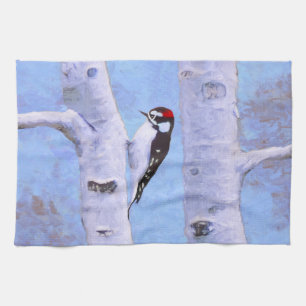 Downy Woodpecker Painting - Oorspronkelijke vogelk Theedoek