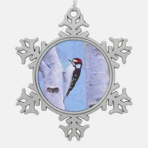 Downy Woodpecker Painting - Oorspronkelijke vogelk Tin Sneeuwvlok Ornament