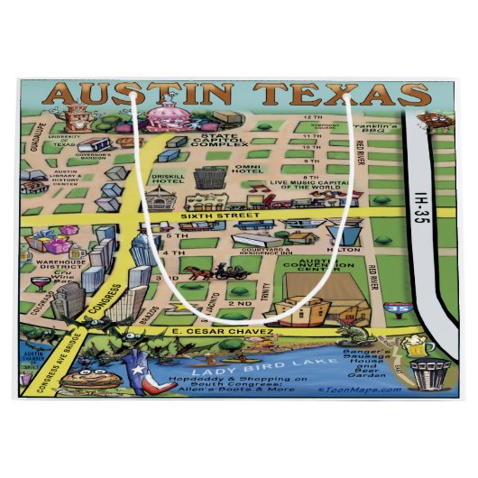 Dowtown Austin Texas Fun Map Groot Cadeauzakje (Voorkant)