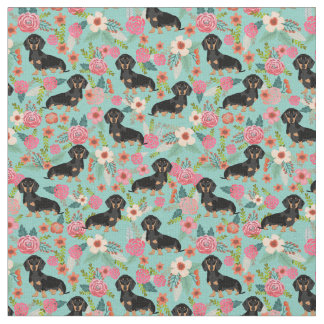 Doxie Floral Fabric - zwart en tan doxie - munt Stof