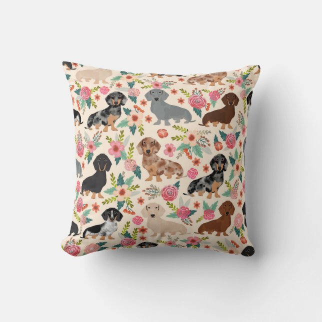 Doxie Florals kussen - schattige hond gooit kussen (Voorkant)