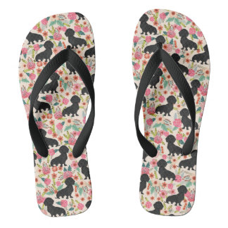 Doxie Florals Teenslippers - zwarte doxie - crème