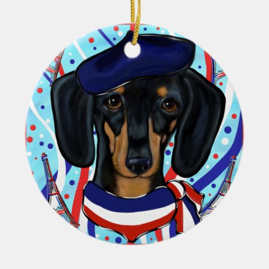 Doxie in Parijs Keramisch Ornament (Voorkant)