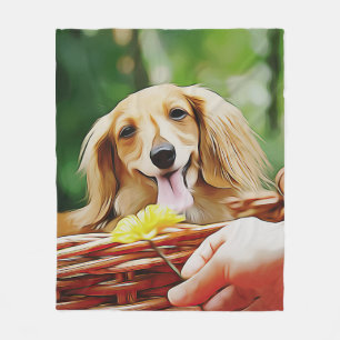 Doxie-persoon die een ventilator naar een dachshun fleece deken