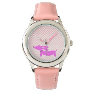 Doxietijd: Pink Flying Ears Dachshund + Chevron Horloge