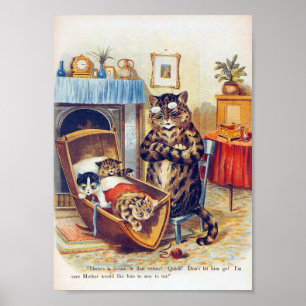 Dozing Cat en Baby Cat, Louis Wain Poster