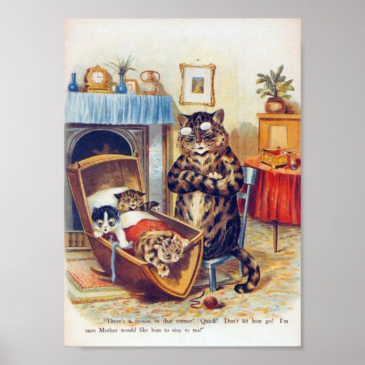 Dozing Cat en Baby Cat, Louis Wain Poster (Voorkant)