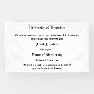 Dr Frank N. Stein's diploma banner