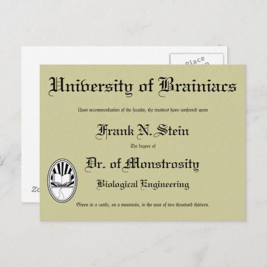 Dr. Frankenstein's diploma, briefkaart (Voorkant / Achterkant)
