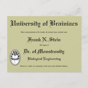 Dr Frankenstein's diploma, briefkaart