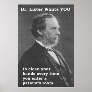 Dr Lister wil dat je je handen schoon maakt. Poster