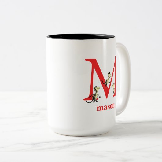 Dr. Seuss ABC: Brief M - rood| Jouw namen toevoege Tweekleurige Koffiemok (Voorkant rechts)