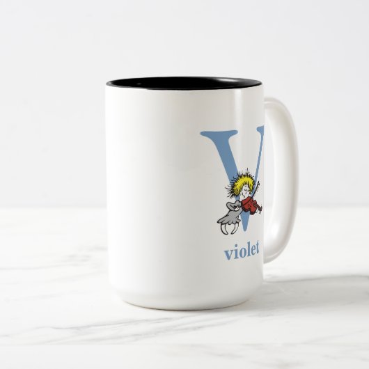 Dr. Seuss ABC: Brief V - blauw| Jouw namen toevoeg Tweekleurige Koffiemok (Voorkant rechts)