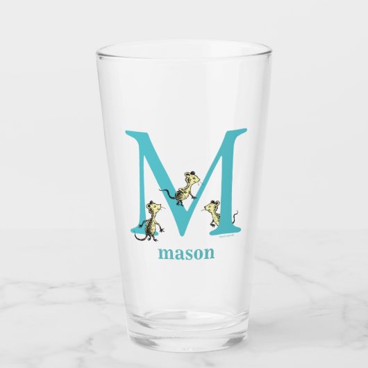 Dr. Seuss ABC: Letter M - Blauwgroen | Jouw namen Glas (Voorkant)