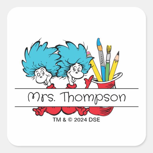 Dr. Seuss | Ding Een Ding Twee Leraar Naam Vierkante Sticker (Voorkant)