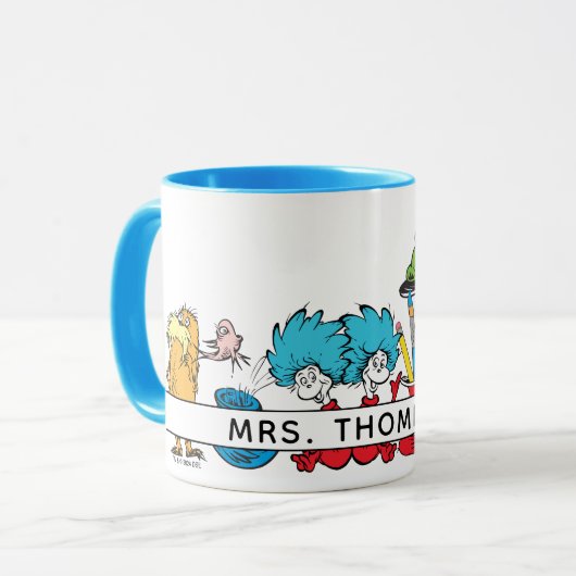 Dr. Seuss Personages & Naam van de Leraar Mok (Voorkant links)