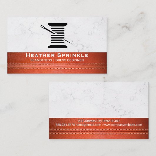 Draad en naald | | Marmer | Leer gestikt Visitekaartje (Voorkant / Achterkant)