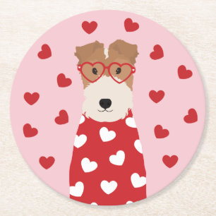 Draad Fox Terrier Hond Hart Bril Roze Rood Ronde Kartonnen Onderzetter