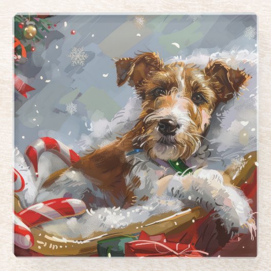 Draad Fox Terrier Hond Kerst Misviering Glazen Onderzetter (Voorkant)
