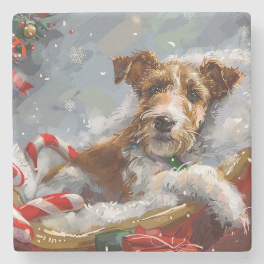 Draad Fox Terrier Hond Kerst Misviering Stenen Onderzetter (Voorkant)