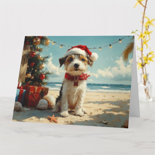 Draad Fox Terrier Hond Kerstmis Vintage Strand Kaart (Gele Bloem)