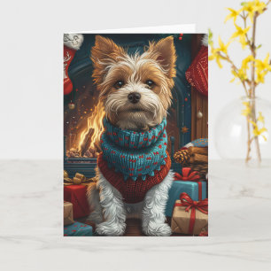 Draad Fox Terrier Hond Met Kerstcadeau Haard Kaart